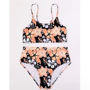 Floral Bikini Swimsuit Set Women's Peach White Black High Waisted L‎